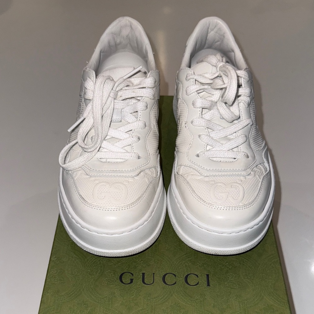 Gucci Women’s White Embossed Chunky Sneakers. Size 37 1/2